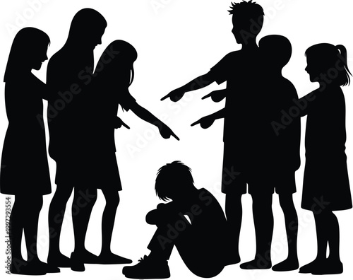 Silhouette of children pointing fingers at a sad isolated child symbolizing bullying and social exclusion vector illustration