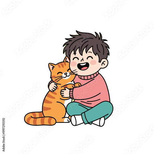 A happy cartoon boy with brown hair hugging a cute orange tabby cat.