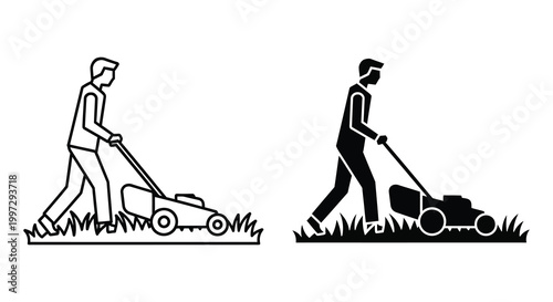Two men mowing lawns a simple graphic illustration in black and white silhouette