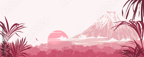 Tropical landscape with stylized mountain, setting sun and lush jungle foliage. Soft pink gradient tones, exotic plants and distant silhouettes create calm atmospheric scene with wide copy space