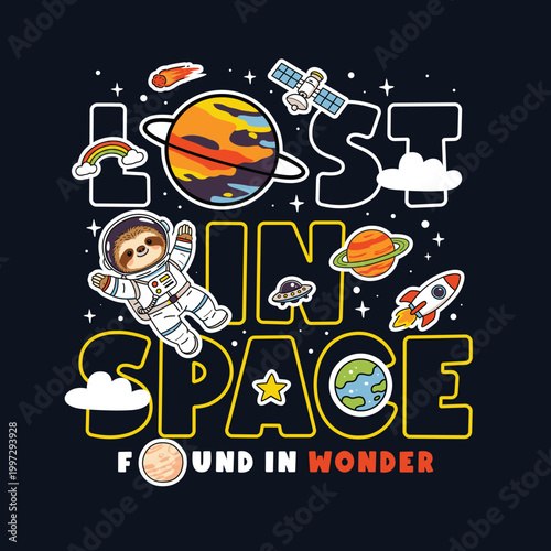 Cute Sloth Astronaut Lost in Space Illustration