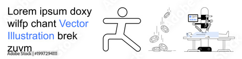 Fitness activities, robotic medicine, financial technology, healthcare technology, futuristic surgery, digital innovation. Stick figure exercising and robotic surgery setup. Fitness and robotic