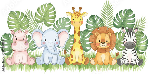 Photography Cute safari animal nursery vector illustration featuring baby lion elephant gira