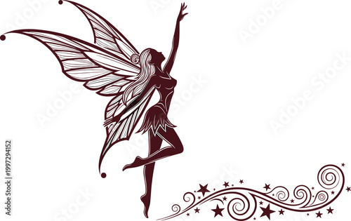 Elegant fairy silhouette with ornate butterfly wings dancing above magic sparkles and stars for fantasy design and mythical feminine concept
