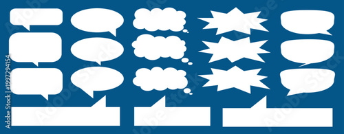 A set of chat box designs for comments on social media or comics. Vector designs of speech bubbles, text boxes, and conversation chat columns in comics.	