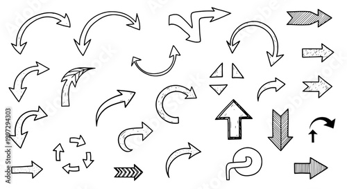 Arrows hand drawn set with black curved lines and various directions on white background. featuring direction, pointers, icons with graphics and