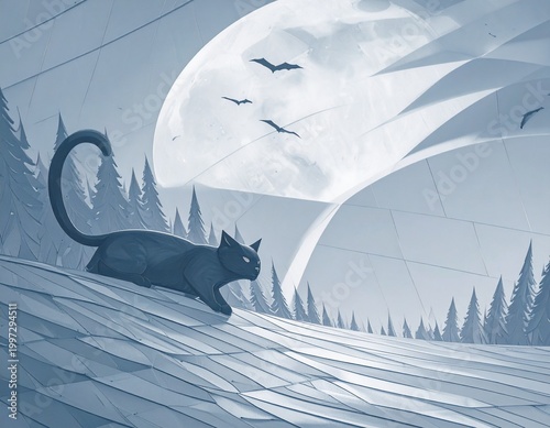 Black cat walks on roof under full moon with bats flying in night sky above dark trees