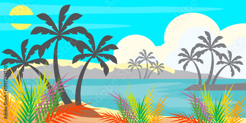 silhouette of coconut tree in flat style. illustration of palm tree in flat style. summer background. summer theme scenery	