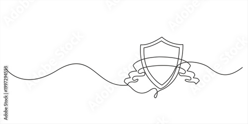 Continuous one line drawing of a shield with a checkmark for insurance protection concept Continuous One Line Security Shield, minimalist vector illustration, safety and protection concept, 