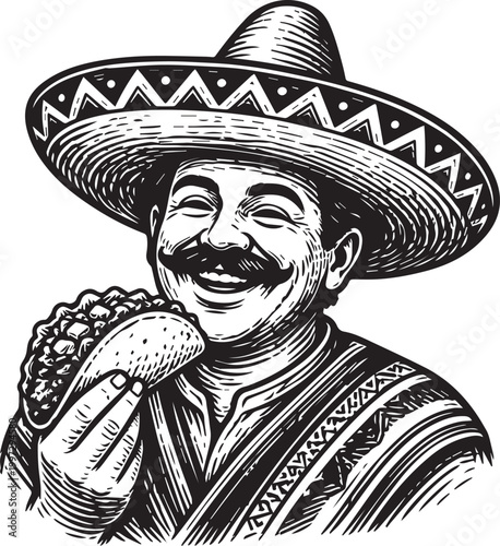 Smiling Mexican Man Holding Taco Vintage Engraving Vector Illustration