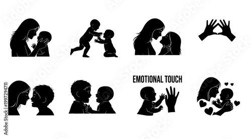 Mother's gentle touch on baby's face, conveying love and tender connection, silhouette illustration