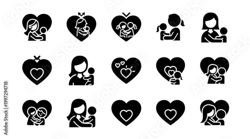 Mother and Child Embracing Inside Heart Shape Icons, Symbolizing Love and Family Connection