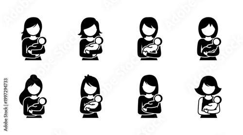 Set of diverse mother and baby icon illustrations, simplified black and white female figures holding infants