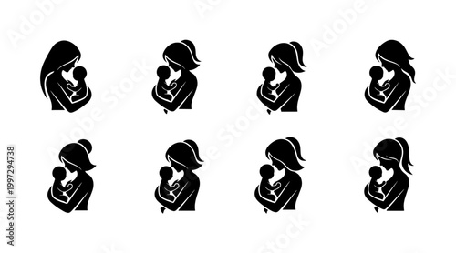 Set of Silhouette Icons: Mother Holding Baby in Diverse Hairstyles, Symbolizing Family and Love