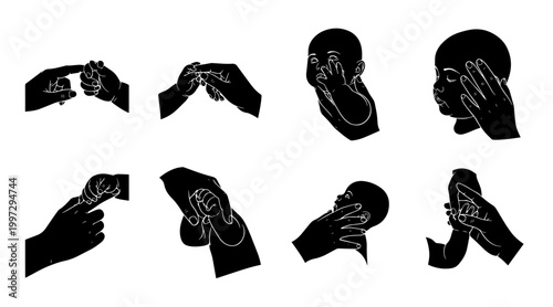 Baby's Hands and Face, Close-Up Silhouette Collection: Affection, Care, and Newborn Connection