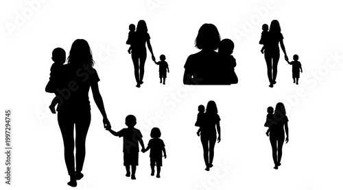 Silhouette Collection of Mother Holding Baby and Child Walking, Isolated on White Background