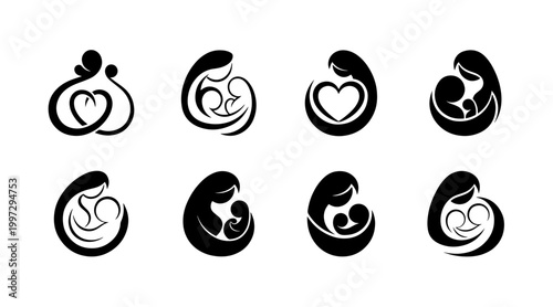 Abstract Mother and Child Silhouettes with Heart Symbol, Family Love and Nurturing Icon Set