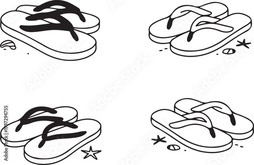 Flip flops in the beach sand sandal shoes flat black and line art vector icons