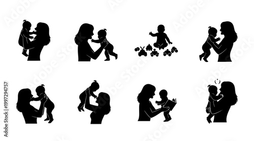 Mother and Baby Silhouette Set: Playing, Cuddling, and Reading Together