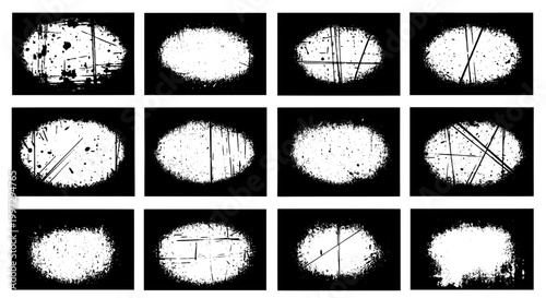 Oval grunge effects set with black backgrounds and white textures and scratches, distressed design elements.