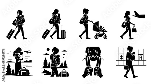 Mother carrying baby in carrier with luggage at airport, travel and family vacation vector illustrations