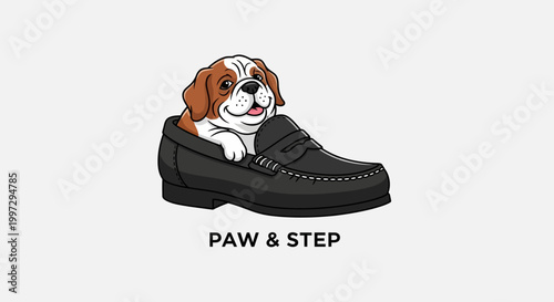 Adorable puppy comfortably resting inside a stylish black loafer shoe.