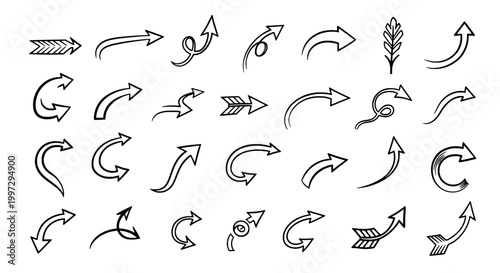 Arrows hand drawn set with black curved lines and directional symbols. featuring vector, illustration, icons with graphics and design elements