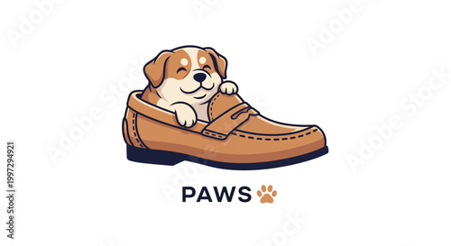 Adorable Puppy Comfortably Resting Inside a Stylish Brown Loafer Shoe.