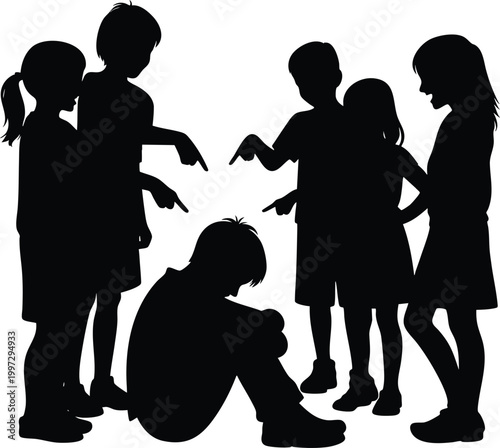 Silhouette of a child being bullied by a group of peers representing social exclusion and peer pressure isolated on white background