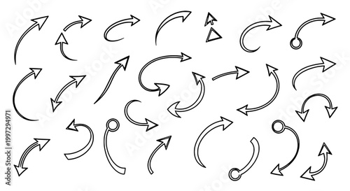 Arrows hand drawn set with black curved lines and various styles featuring vector, collection, illustration with design and graphic elements for art,
