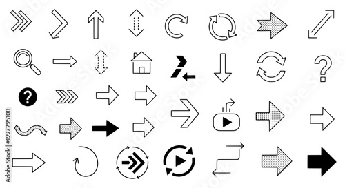 Arrows hand drawn set with black curved lines and straight vector graphics featuring icons, symbols, direction with movement and navigation elements