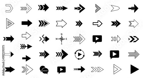 Arrows traffic direction icons set with outlined and filled styles, double chevrons, curves, and motion symbols on white background