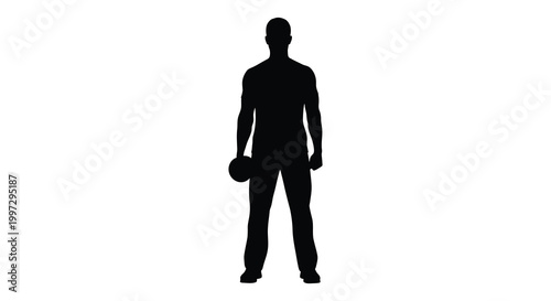 A stark black silhouette of a man holding a ball isolated on white silhouette