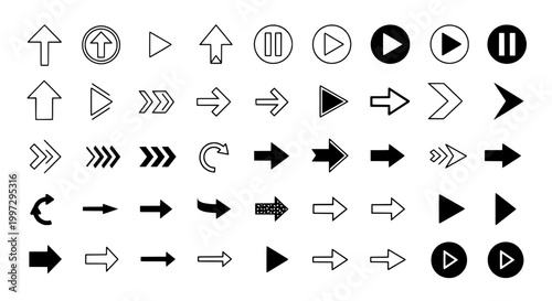 Arrows and media control icons set with various shapes and styles featuring black, white, play with pause and stop elements for rewind, fast forward