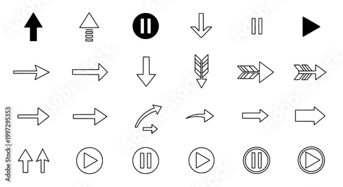 Arrows icon set with black and white directional symbols, including play and pause buttons, curved and straight lines, and various shapes.