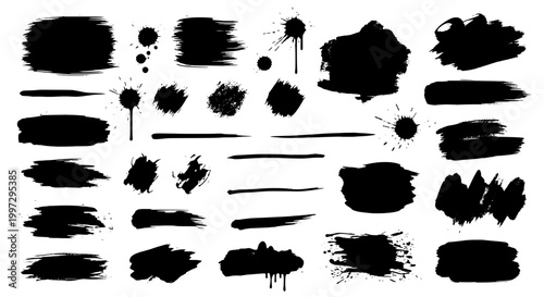 Splatter hand drawn set with black ink marks and grunge effects featuring splashes, dots, lines with brush strokes and artistic elements for