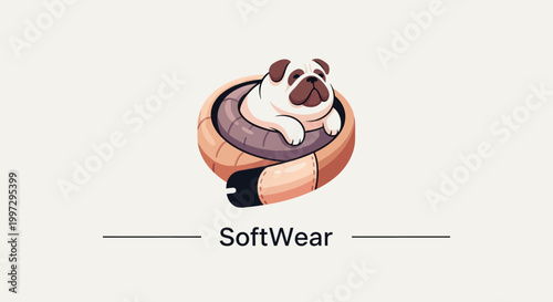 Adorable cartoon pug dog relaxing in a comfortable bed, illustration.