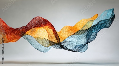 Elegant crimson, gold, and teal 3D ribbons intertwine in a fluid, artistic arrangement, showcasing a digital aesthetic with a soft, textured surface.