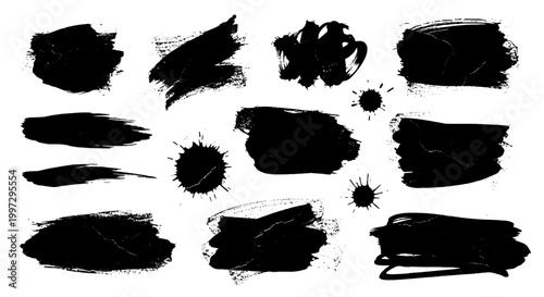 Brushstrokes hand drawn set with black ink splatters and grunge textures on white background featuring abstract, artistic, creative with painting and