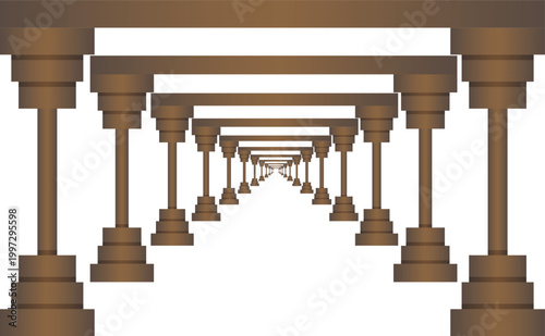 Vector illustration of a symmetrical infinite corridor of brown columns in one-point perspective