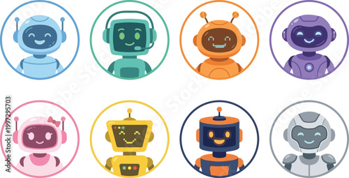 Happy robot avatars, digital assistants set. Cute AI characters, technology bots with smiling faces in circle round frames for user profiles. Flat vector illustration isolated on white background
