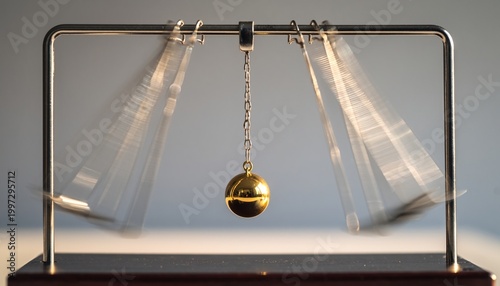 Golden pendulum in continuous motion demonstrating physics principles with blurred arcs of energy