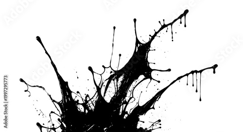 Paint black splashing with dynamic fluid motion and droplets flying apart featuring splash, ink, liquid with artistic and abstract elements for