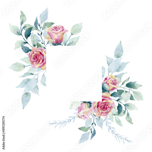 Floral illustration. Watercolor vector botanic frame for wedding or greeting card.