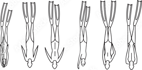 Free diver ascent black line art icon set. Flat vector illustration