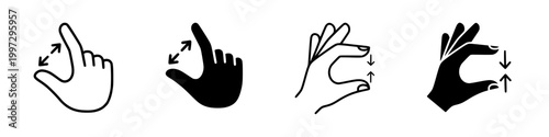 Pinch zoom gesture icon set. Touch zoom in and zoom out, scale, resize and navigation symbols with outline and solid styles for mobile apps, UI design and touchscreen interfaces - stock vector