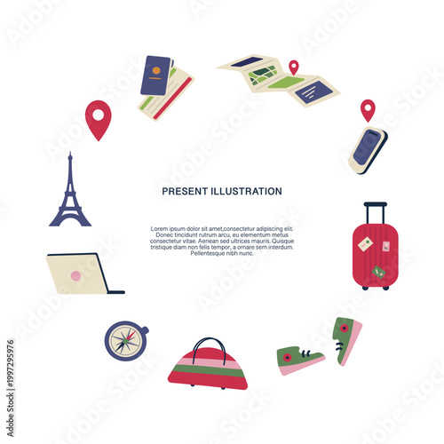 Poster with Travel elements arranged in a circular composition in flat design style. Concept of tourism, vacation, journey planning and adventure. Flat Vector Illustration, border with copyspace.
