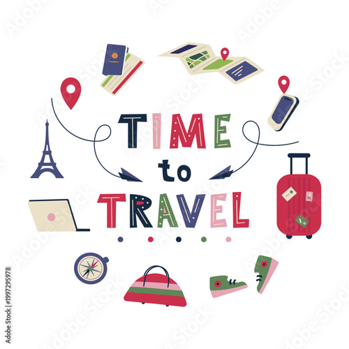 Poster with Travel elements arranged in a circular composition in flat design style. Concept of tourism, vacation, journey planning and adventure. Cartoon Flat Vector Illustration