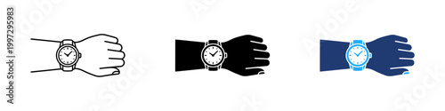 Wristwatch on hand icon set. Time management, schedule, punctuality and productivity symbols with outline and solid styles for apps, reminders, wearable tech and business use - stock vector