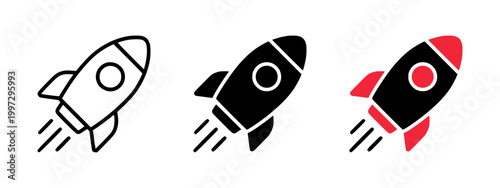 Rocket launch icon set. Startup growth, business progress, innovation, space exploration symbol. Minimalist outline and solid rocket icons with motion trails isolated  white background - stock vector